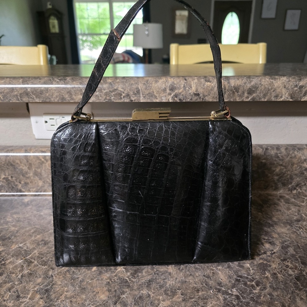 Vtg‎ Genuine Alligator Handbag Black Structured Top Handle Purse Art Deco Clasp